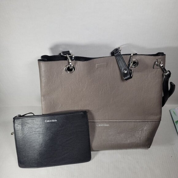Calvin Klein Classic Work Travel Gray & Black  Leather Tote Bag With Pouch Set - Picture 1 of 16